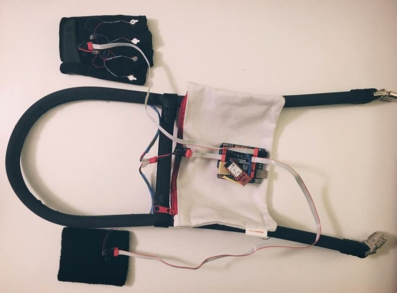 Guide dog harness handle bar, glove, and wristband prototypes connected to Arduino