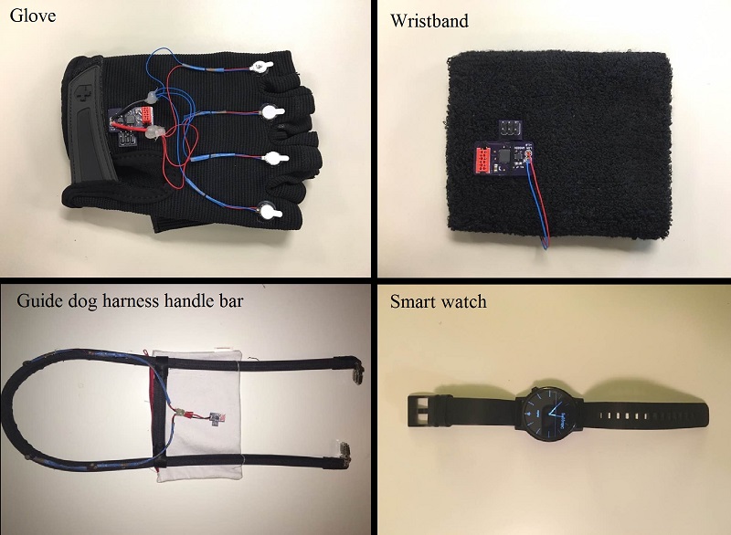 The four prototypes (glove, wristband, guide dog harness handle bar, and smart watch)